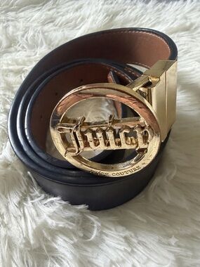 Juicy Couture Black Leather Belt with Gold Logo Circle Buckle